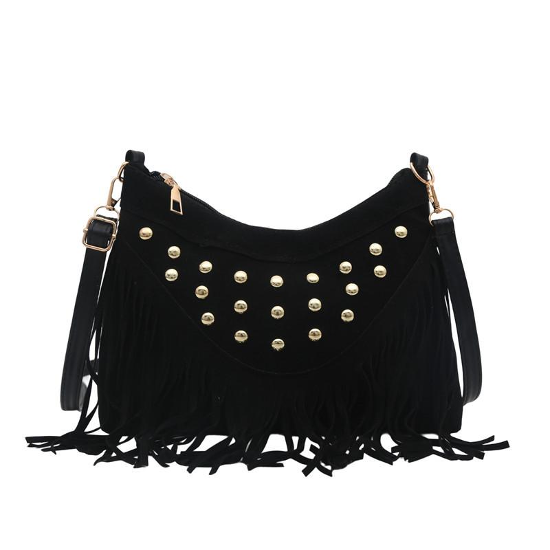 Ethnic style matte small bag women's new fashion rivet personalized tassel retro shoulder crossbody dumpling bag