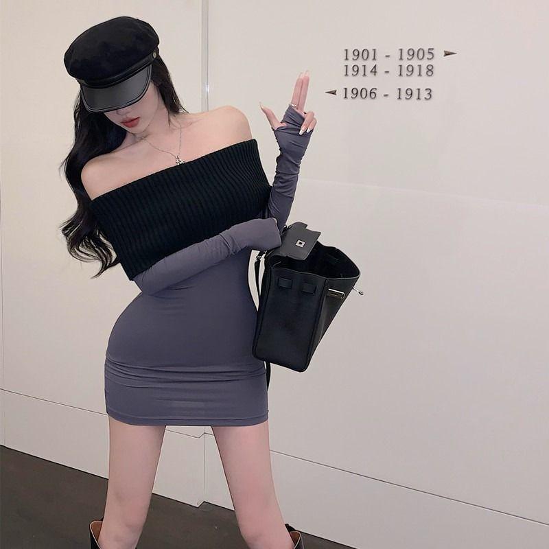 French sexy babes one-word shoulder long-sleeved dress women's spring new slim and thin niche hip-wrapped short skirt