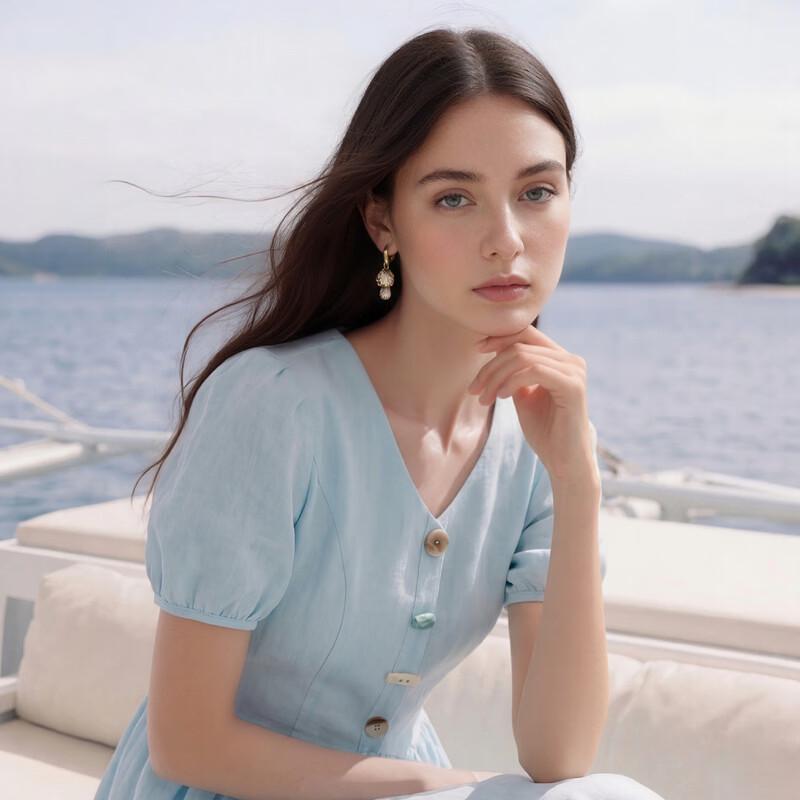 Sancai V-Neck Puff Sleeve A-Line Midi Dress