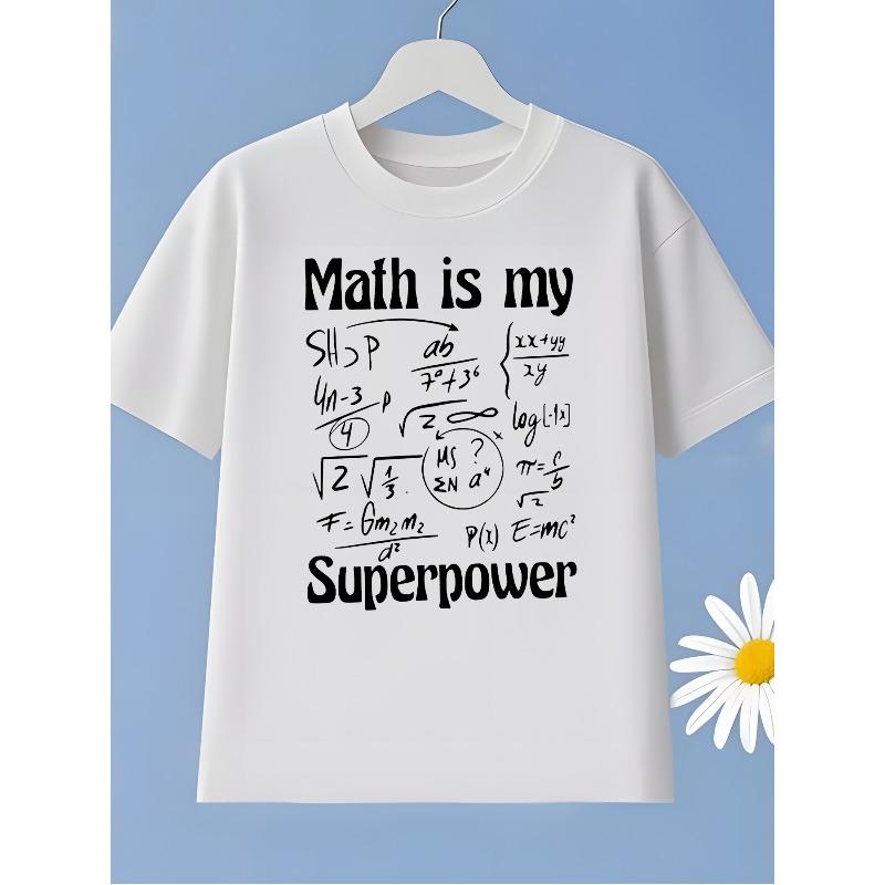 Kids Crewneck Summer Tee, Fun Math Equation Print Casual Short Sleeve Top for Outdoor Wear 110 белый