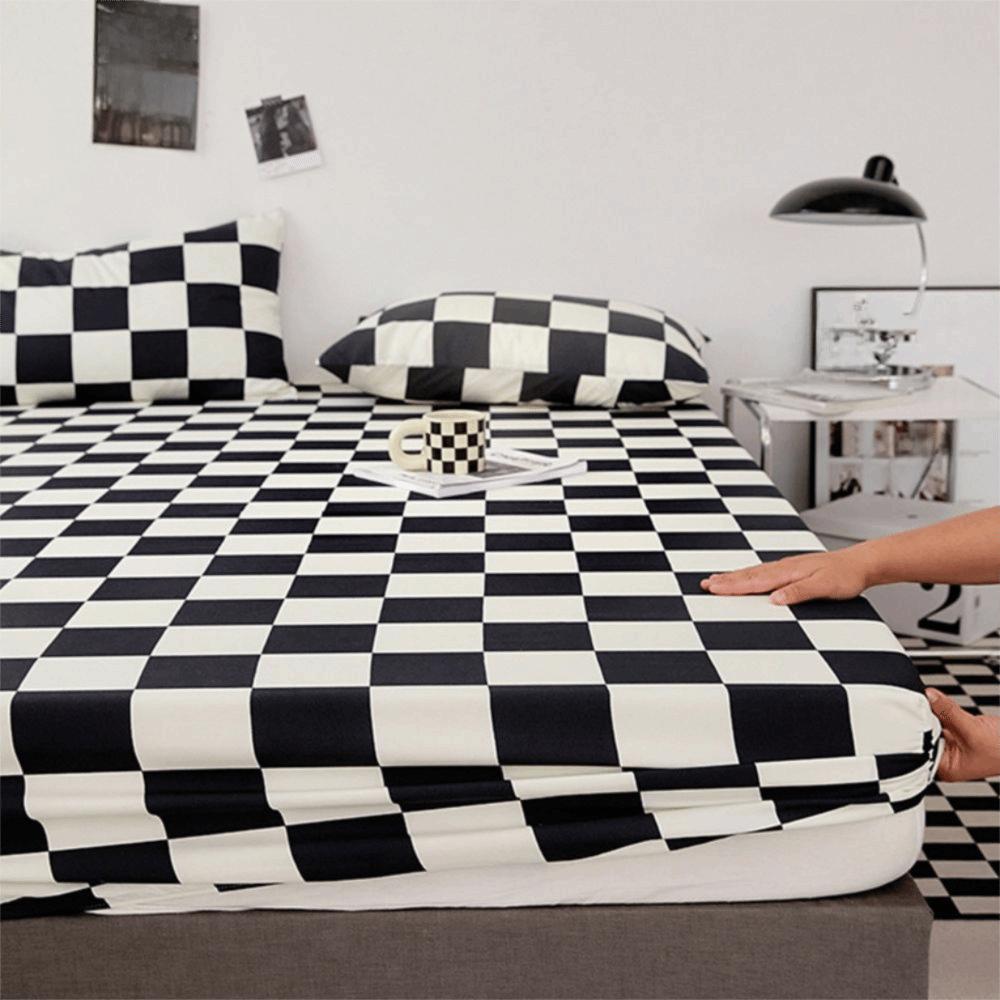 Household Checkered Pattern Fitted Bed Sheet Elastic Band Breathable Mattress Cover Washable All-inclusive Bedspread Dormitory