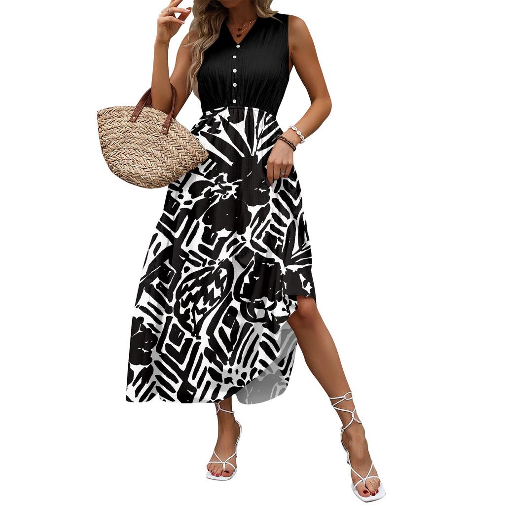 Women Summer Dresses Bohemian Women's Casual And Fashionable V-neck Sleeveless Printing Mid Length Dress
