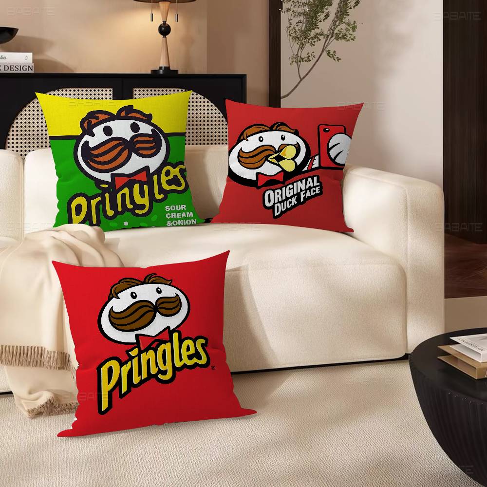 Classic Snack LOGO P-Pringles Pillow Covers Cartoon Sofa Decorative Home Double-sided Printing Short Plush Cute Cushion Cover