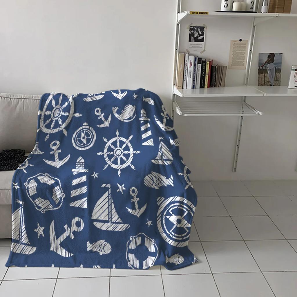 Nautical Blue Anchor Rudder Boat Fish Lighthouse Flannel Blanket Travel Picnic Blanket Portable Soft Bedspread Blankets for Beds
