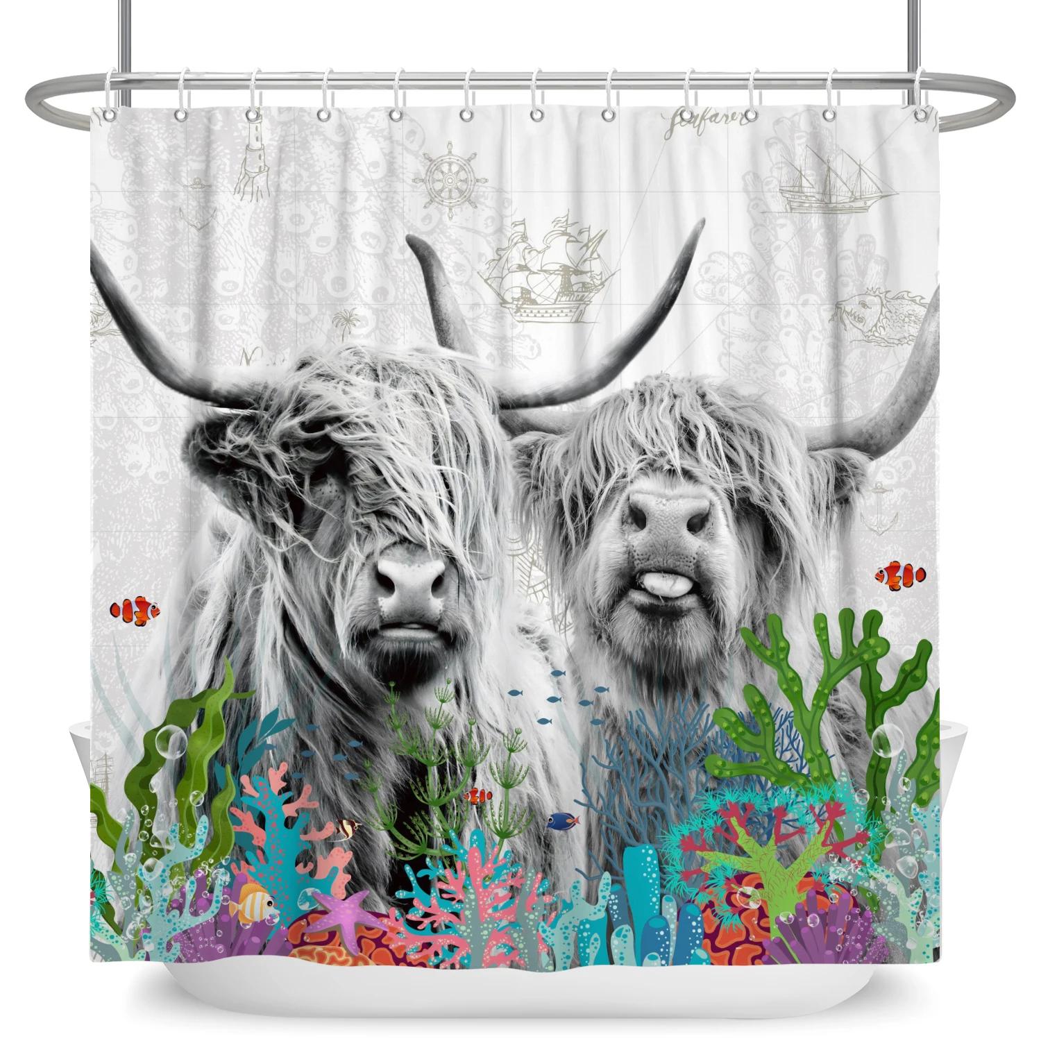 

Farm Highland Cattle Print Shower Curtain Funny Cow Floral Decor Country Style Waterproof Bothroom Bathtub Screen With Hooks W60H190(CM)-1 Pcs