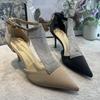 Fashion FHC 2025 New Women Pointy Toe Sandals,Summer High Heels,Sexy Rhinestone Chain Shoes,Ankle Buckle Strap,Black,Beige,Dropship