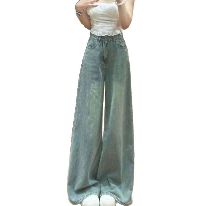 High-Waisted Straight Jeans Women Spring and Summer Thin Loose Drag Floor Pants Slim Wide-Leg Pants Retro Street Style Baggy Long Jeans for Ladies