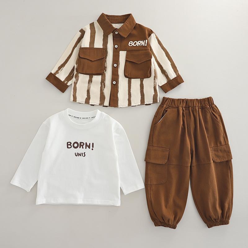 Boys' Long Sleeved 3-piece Set, Autumn and Winter Children's Striped Jacket, White Round Neck T-shirt, Casual Pants, Boys' Fashion Set