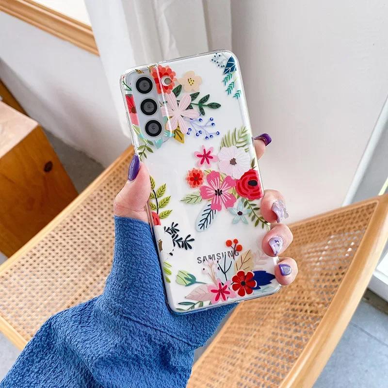 Süße handbemalte Handyhülle mit Blumen für Samsung S25 S24 S22 S21 FE Ultra Klare Silikonhüllen für Samsung Galaxy S23 Plus Ultra Hülle