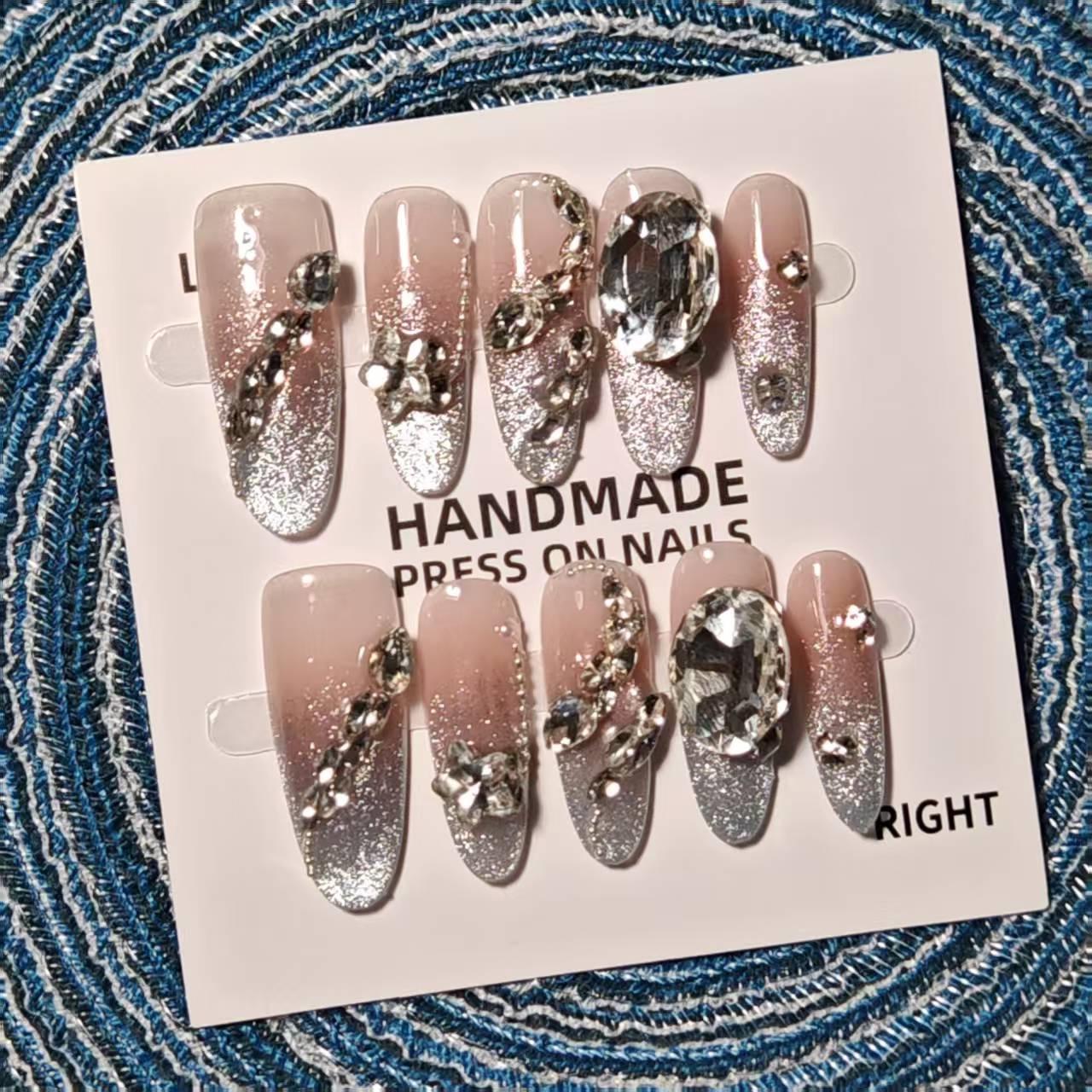 

Handcrafted Luxury Cat Eye Diamond Smiley Nails with French Mist Design Extra Small