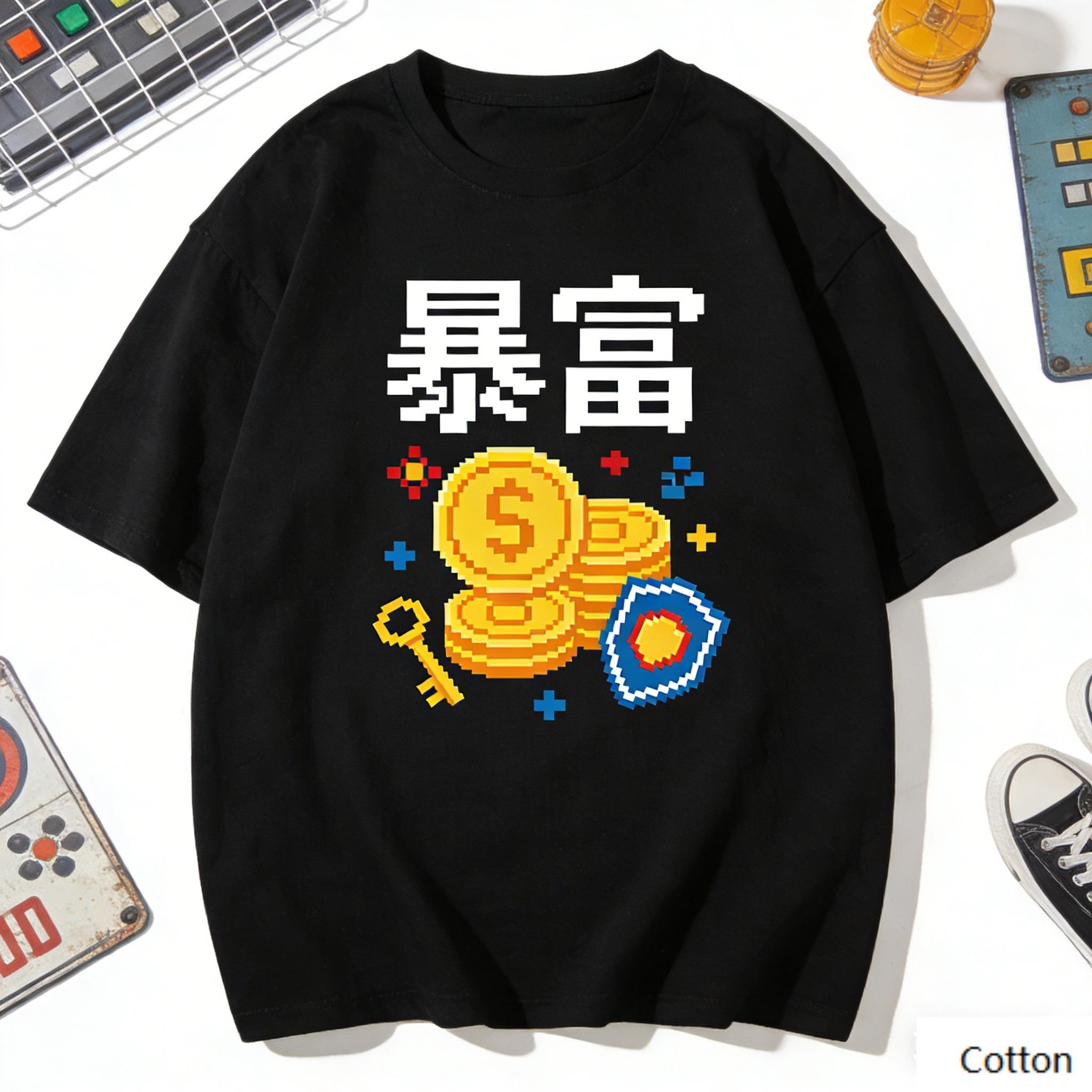 

Retro Pixel Get Rich Coin Print Cotton T Shirt Unisex Women Funny Streetwear Loose Casual Tee M