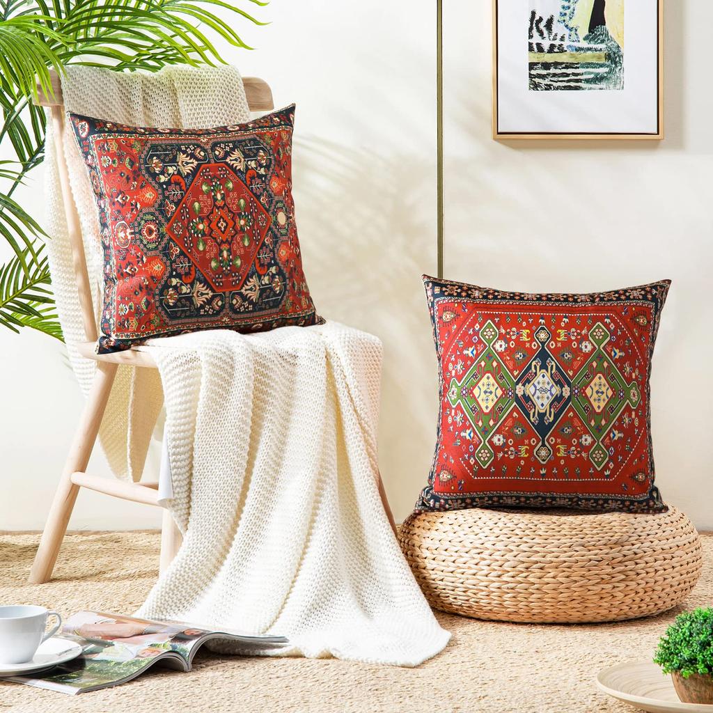 4 Pièces Housse de Coussin Kilim Persan Double Face, Rouge Géométrique Tribal Bohème Housse de Coussin d'Appoint (Sans inserts)