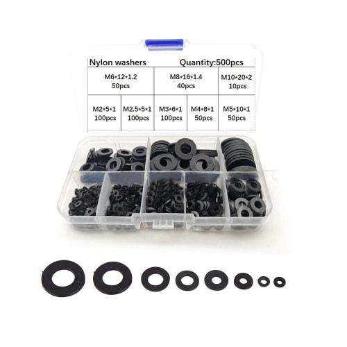 Solxion Nylon Flat Washers, M2-M10 (M2 M2.5 M3 M4 M5 M6 M8 M10) Repair Kit, 500-Piece Set, Nylon Insulated, Waterproof Flat Washers, Convenient for Re