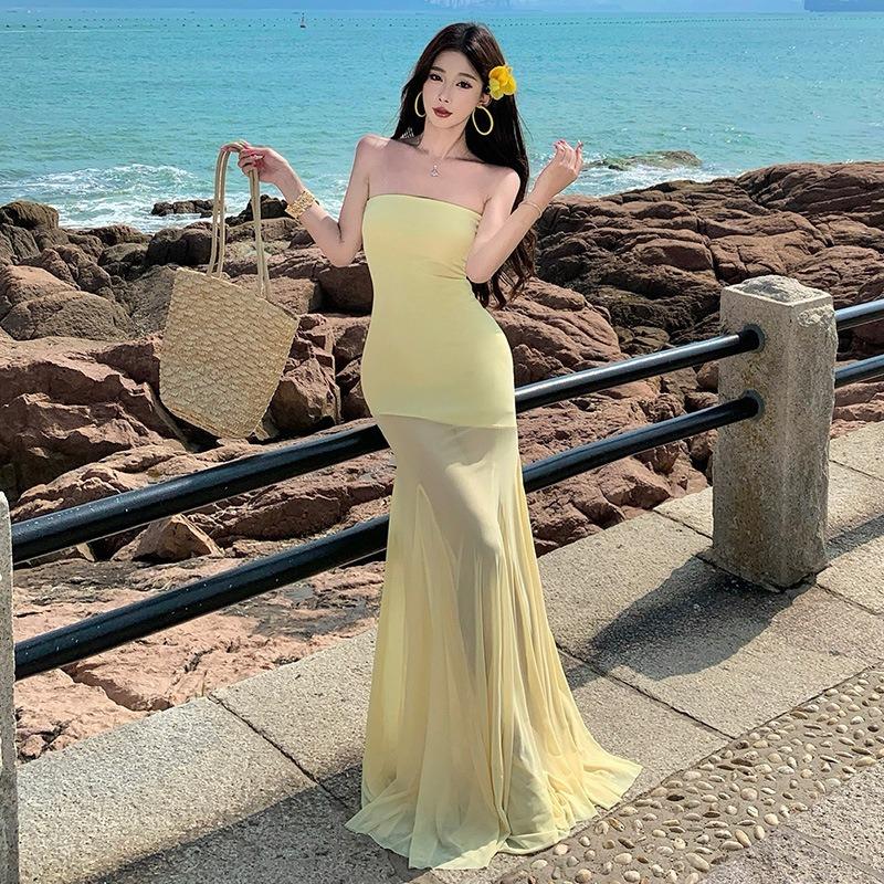 

Island vacation beautiful long skirt light luxury mesh tube top dress skirt sexy waist hip fish tail dress L жовтий