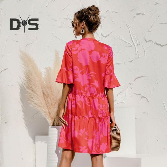 Women's Summer Mini Dress Puff Short Sleeve V Neck Pleated Dress Boho Printed A-Line Short Dress Beach Vacation Tiered Flowy Sundress