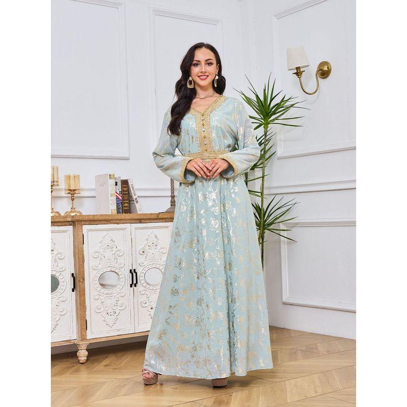 Magic Queen Middle East Travel Bronzing Scratch Flower Fashion New Arrival Ribbon Waistband V Neck Robe Dress Dress