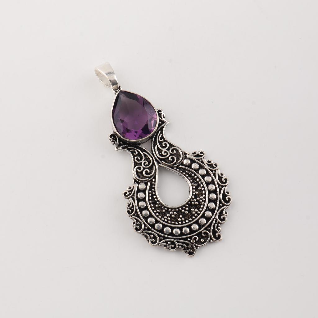 Amethyst Gemstone 925 Sterling Silver Handmade Jewelry Designer Pendant 1.8" For Your Love CP-45-2