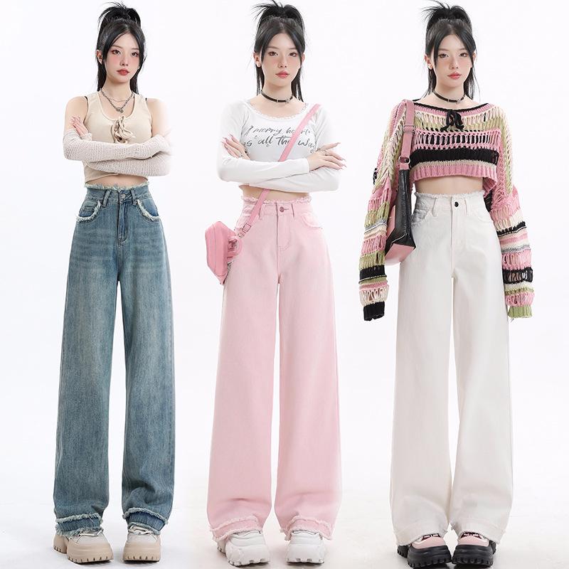 

Джинси з високою посадкою, з необробленим краєм, широкі штанини – Жіночі, що моделюють фігуру, вільного крою для весни та осені. Extra Small