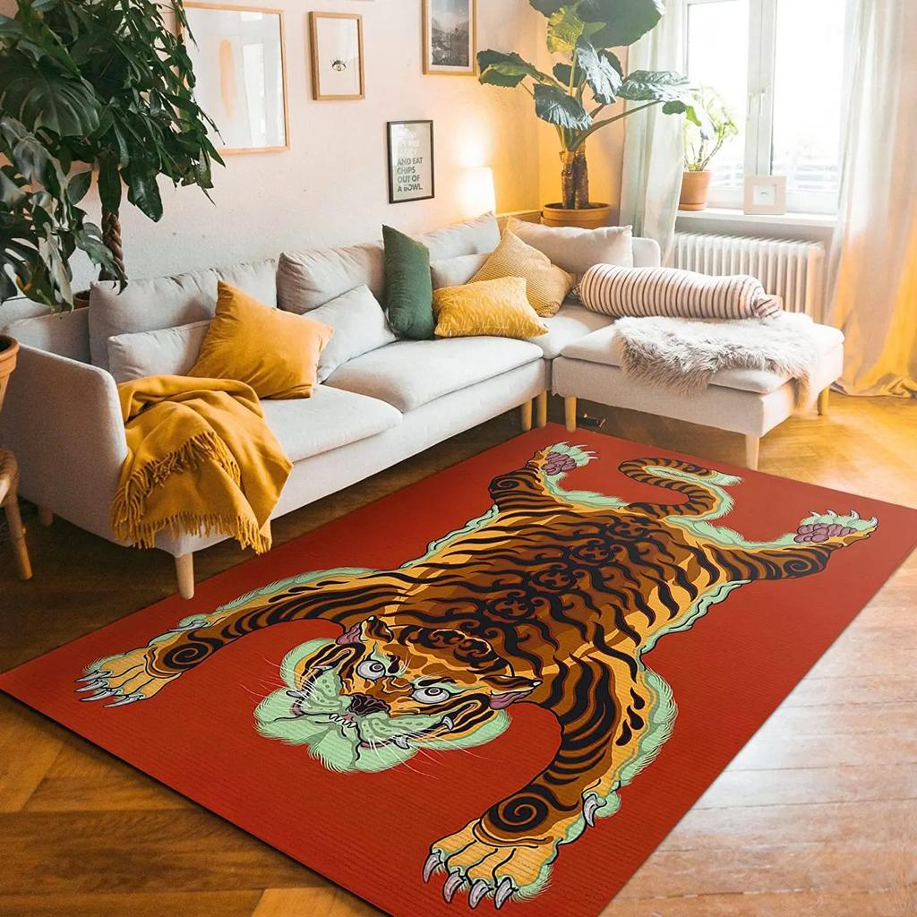 Artistic Tiger Pattern Vintage Inspired Floral Motif Decorative Border Living Room Bedroom Home Decoration Carpet Mat Rug