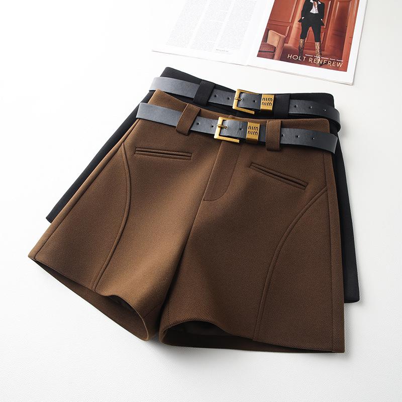 Women's 2024 High-Waist Khaki Wide-Leg Pants & A-line Shorts Set for Autumn/Winter