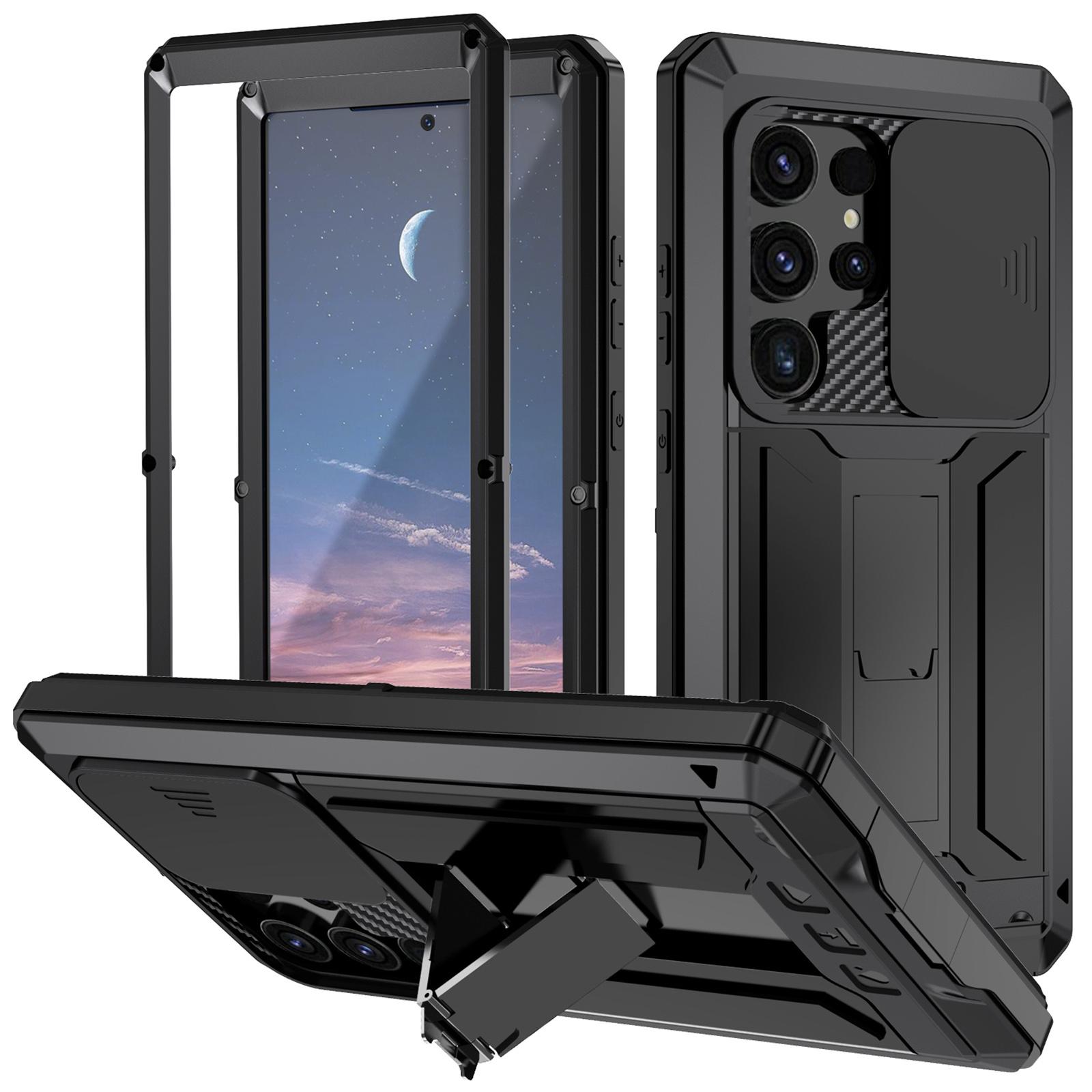 

For Samsung Galaxy S25 Ultra Case PC+Silicone+Metal Back Cover with Tempered Glass Film Black