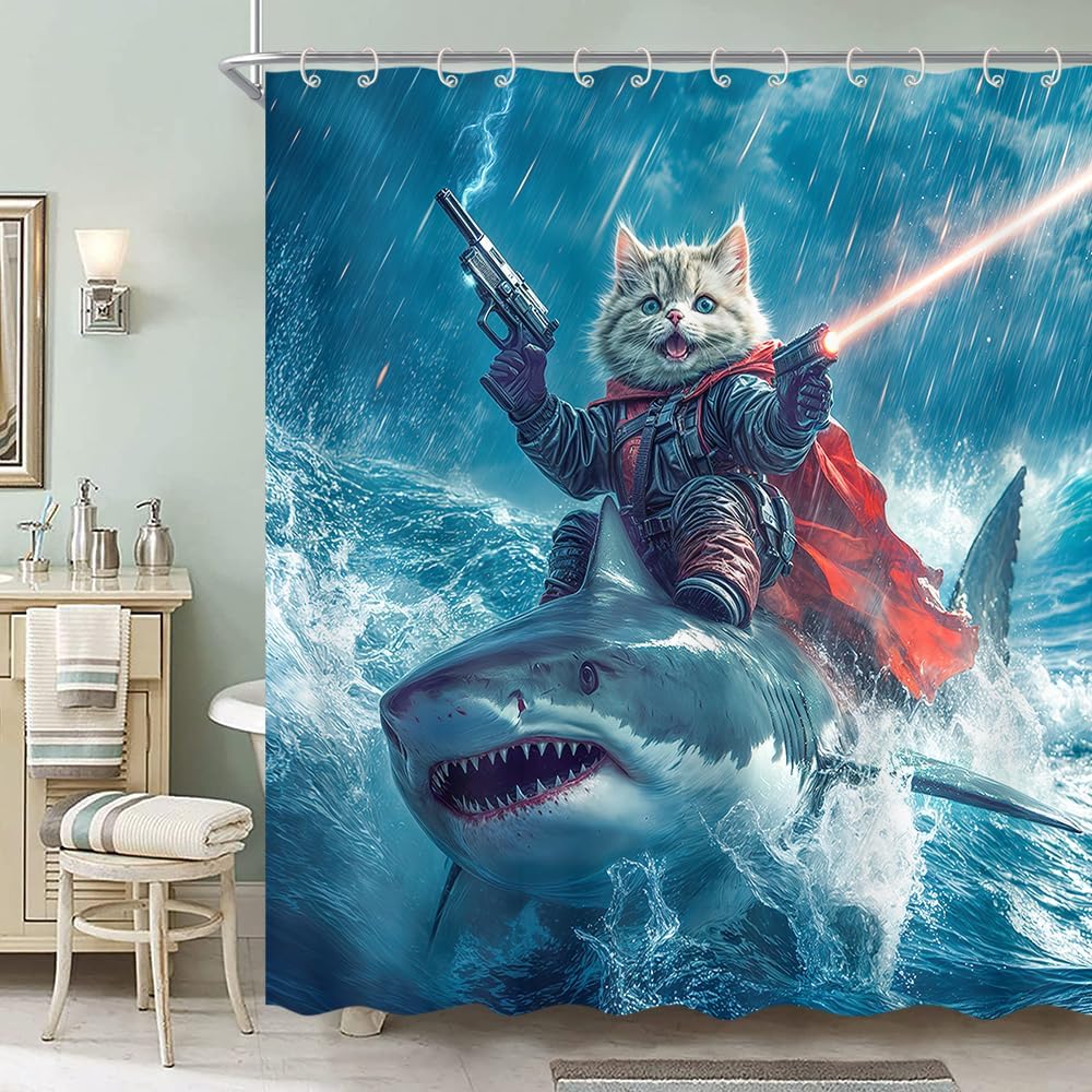 Funny Cat Riding Shark Shower Curtain, Funky Ocean Adventure Blue Bathroom Decor for Boys