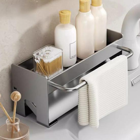 Draining Rack Kitchen Sink Organizer Anti-Rust Carbon Steel Structure Self-Draining Design Towel Rack Sponges Soap Detergent Bottle Holder