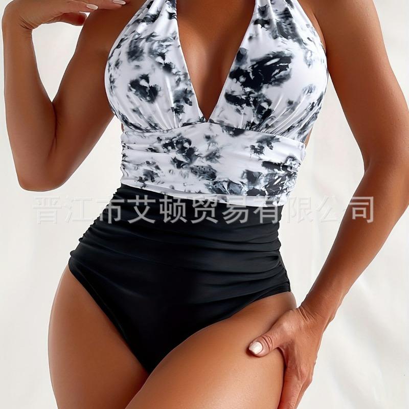 

Черно-белый купальник-слип с принтом тай-дай, с завязками на шее, с драпировкой для контроля живота M чёрный