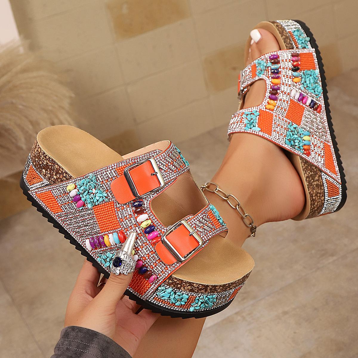 

Пробковые сандалии 2025 Лето Новые Большие размеры Ремешок со стразами Пряжка для женщин Ношение Платформенные шлепанцы 42 оранжевый