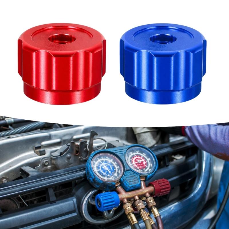 Replacement Manifold Gauge Valves Knobs, 2Pcs Red and Blue HVAC Control Handles, Aluminum Alloy Ribbed Edges, 0.26 X 0.26 In Mount Opening