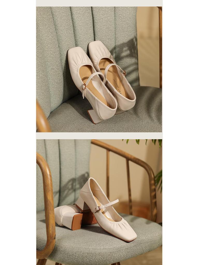 BEIJIANI Mary Jane na grubym obcasie ze skóry owczej - Damskie miękkie skórzane buty z jednym paskiem