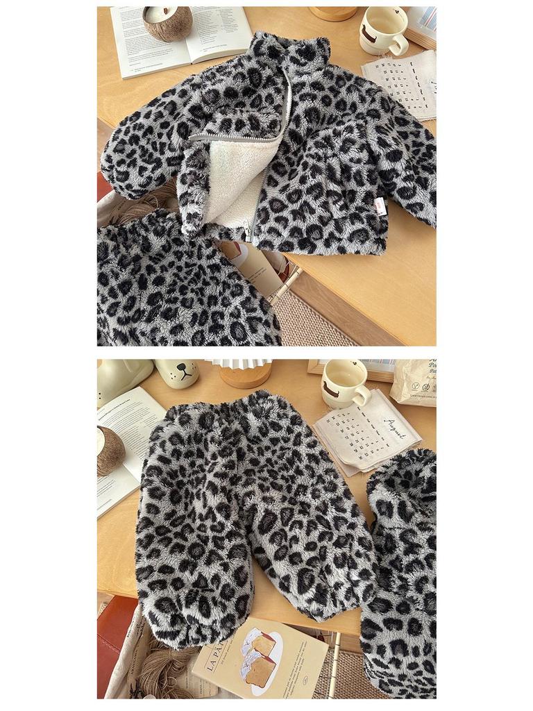 In Stock: Children's Leopard Print Flannel Home Suit, Winter 2025