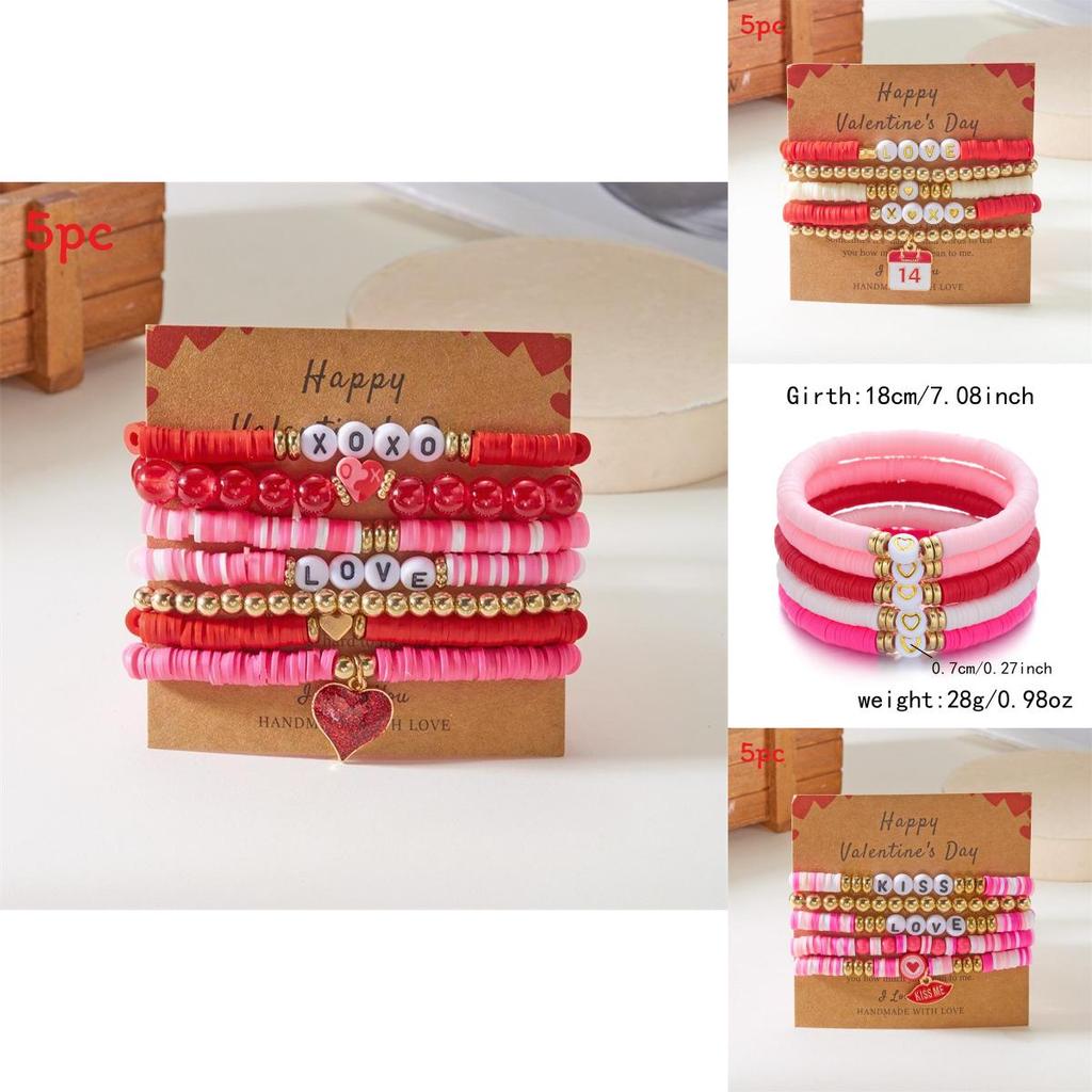 Love Heart Soft Clay Bracelets Set For Women With Pink Acrylic Letter Beads Hand Jewelry Gift