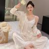Ice Silk National Style Suspender Pajamas Spring New Women's Long-sleeved Trousers Court Style Girl French Home Clothes Three-piece Set