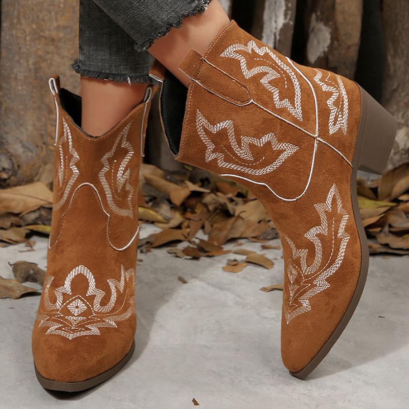 Fashion Vintage Embroidery Pattern Boots Women 2025 Square Heel Pointed Toe Ankle Boots Woman Comfortable Faux Suede Booties Mujer