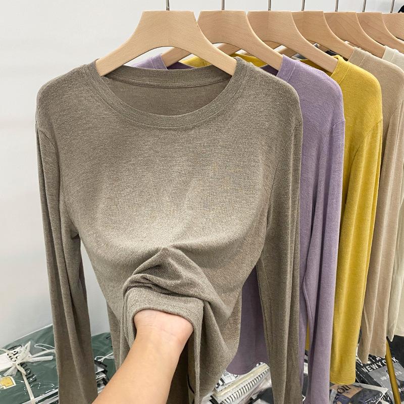 Soft waxy mask t early spring autumn winter 2024 new loose long-sleeved t-shirt women's simple inner layering shirt solid color top