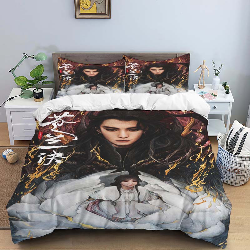 Ancient Chinese fantasy couple print bedding set, three-piece set, duvet cover and pillowcase set, dormitory single and double b