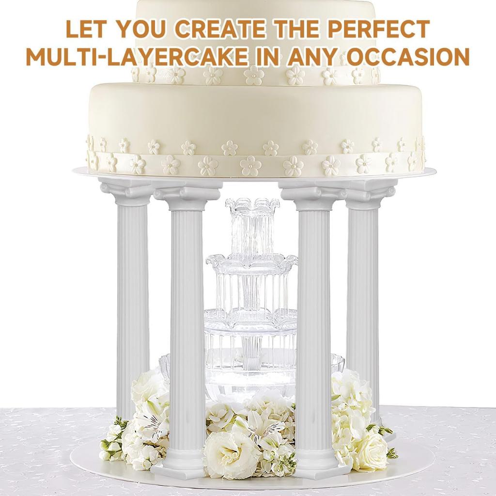 UPKOCH 8PCS Roman Column Pillars - Plastic Tiered Support Rods for Wedding & Birthday Cakes, 6.7" White Decorative Columns with Square Base
