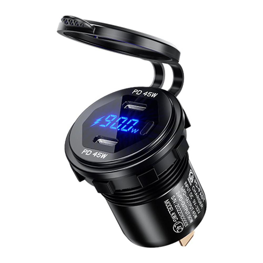 Metal Dual 90W USB C Type C PD Fast Car Charger 12V/24V with Voltage/Power Display for SUV Motorcycle Truck Boat Bus RV ATV