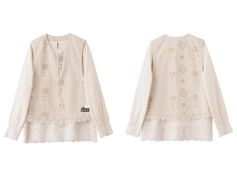 Spring 2025 Women's Lace Patchwork Shirt and Embroidered Cardigan Vest Set