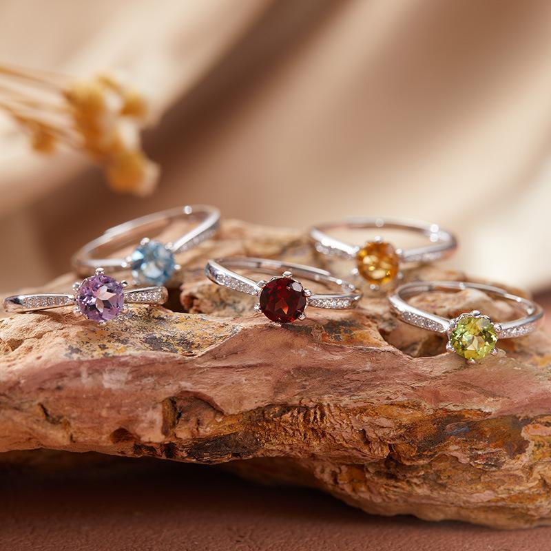 Natural Topaz Garnet Peridot Color Treasure Ring Women'S S925 Sterling Silver With Simple Index Finger Ring