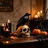 Creepy Gothic Accents Halloween Skull Figurine, Realistic Human Head Statue, Crow on Statue Sculpture for Home Tabletop Mantel Decor Decorations