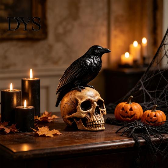 Creepy Gothic Accents Halloween Skull Figurine, Realistic Human Head Statue, Crow on Statue Sculpture for Home Tabletop Mantel Decor Decorations