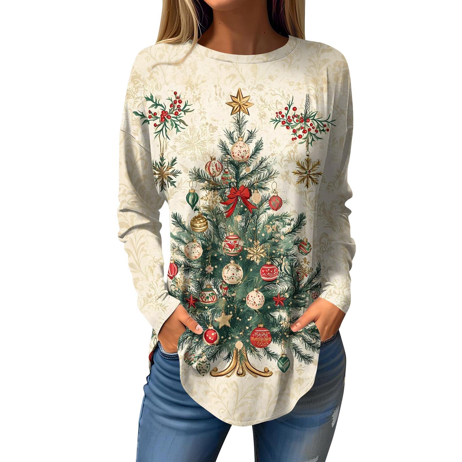 

Women s Loose Round Neck Christmas Print Long Sleeve T-Shirt Top Pullover L