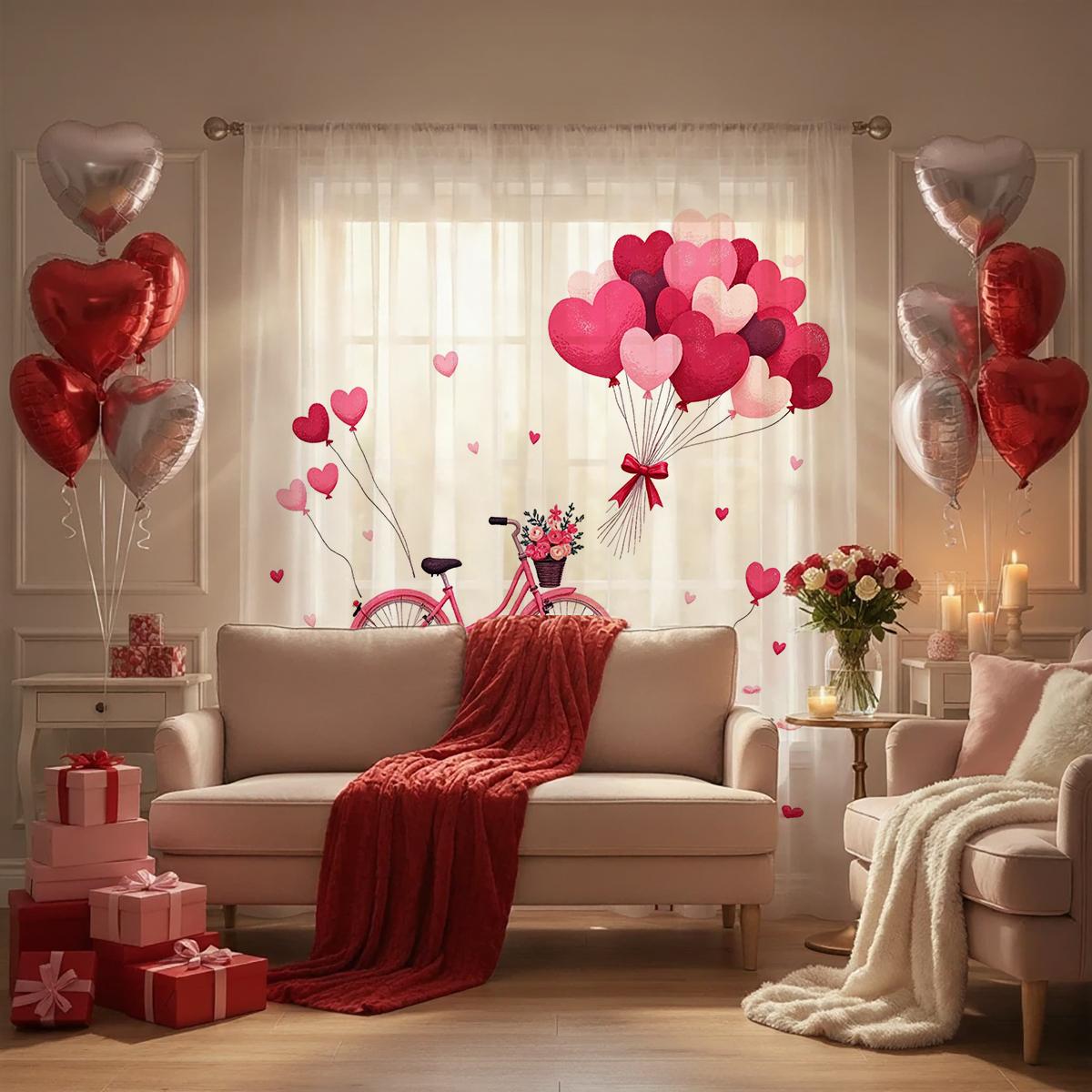 

Single Panel Valentine Curtain Pink Bicycle Heart Balloon Pattern Pole Window Romantic Decor Sheer Made Of Polyester W100*H70(CM)-Hooks&2PCS