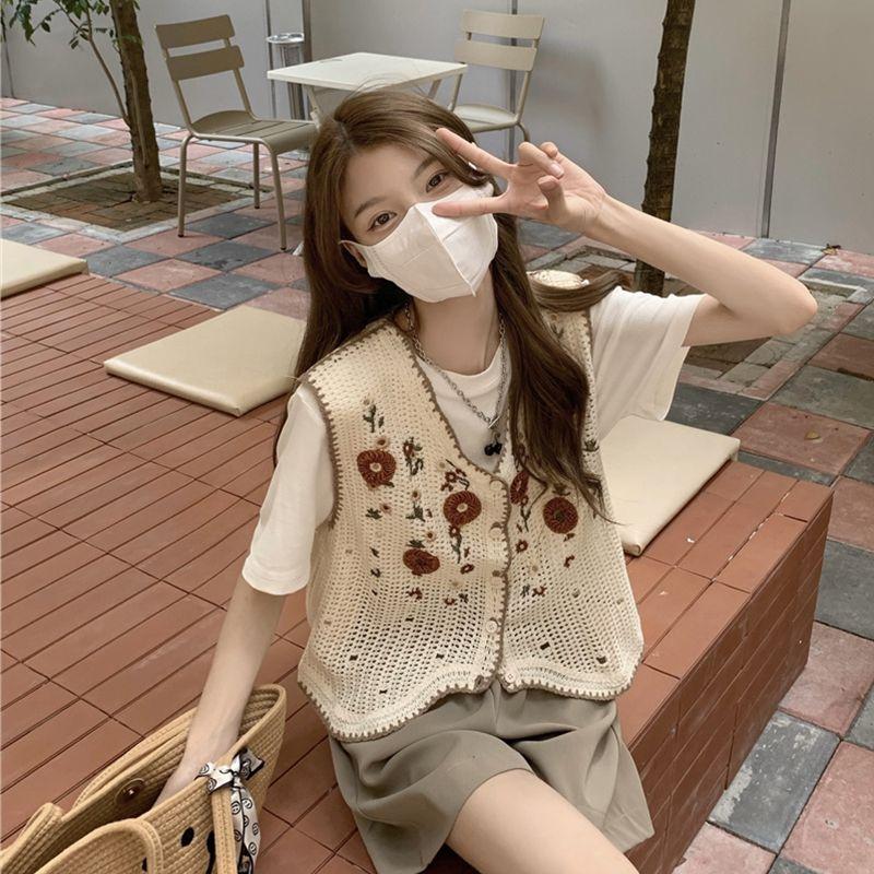 Crochet Hollowed-out Vest Women's Spring and Summer French Niche Floral Embroidered Sleeveless Knitted Cardigan Small Coat