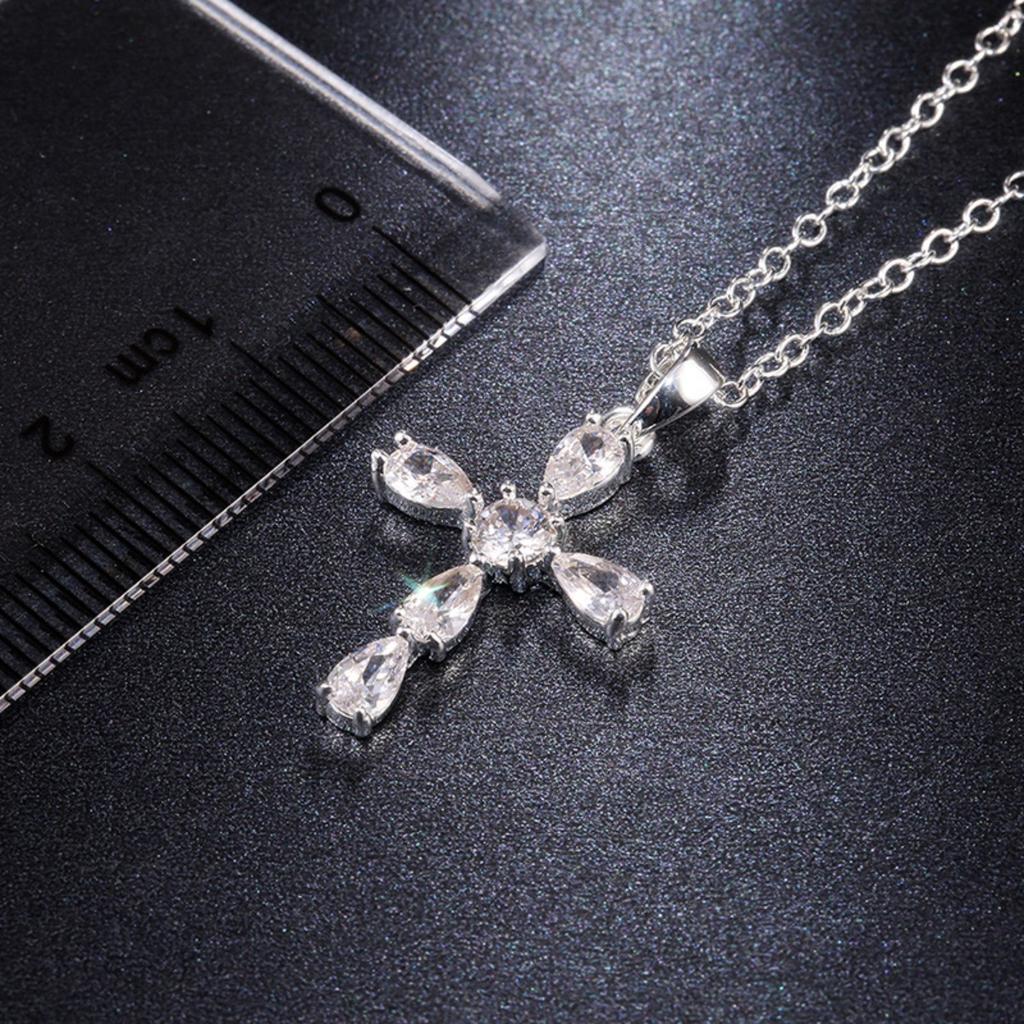 Women Teardrop Stone Cross Pendant Necklace with Central Round Stone Elegant Sparkling Religious Inspired Jewelry for Daily and Special Occasions