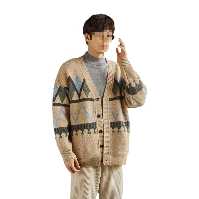 2025 Autumn/Winter Hong Kong Style Loose Knit Men's Color Block Cardigan Sweater for Couples