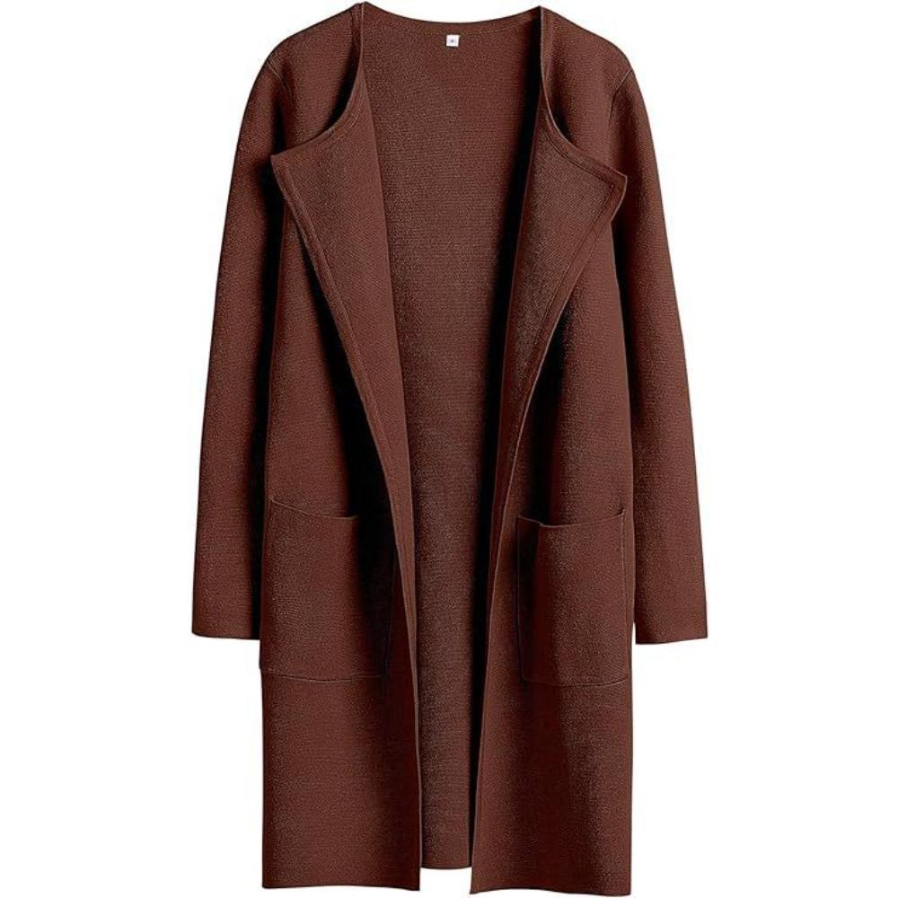 Women's Turn Down Collar Long Sleeve Loose Fit Casual Long Knit Cardigan Solid Color Pocket Sweater Coat