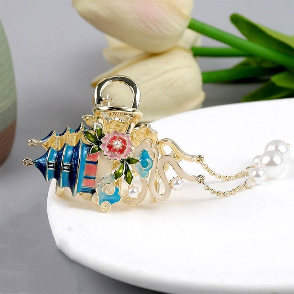 enamel Chinese Style Hair Claw Pearl Metal Shark Clip Cheongsam Design Hair Clip  Girls